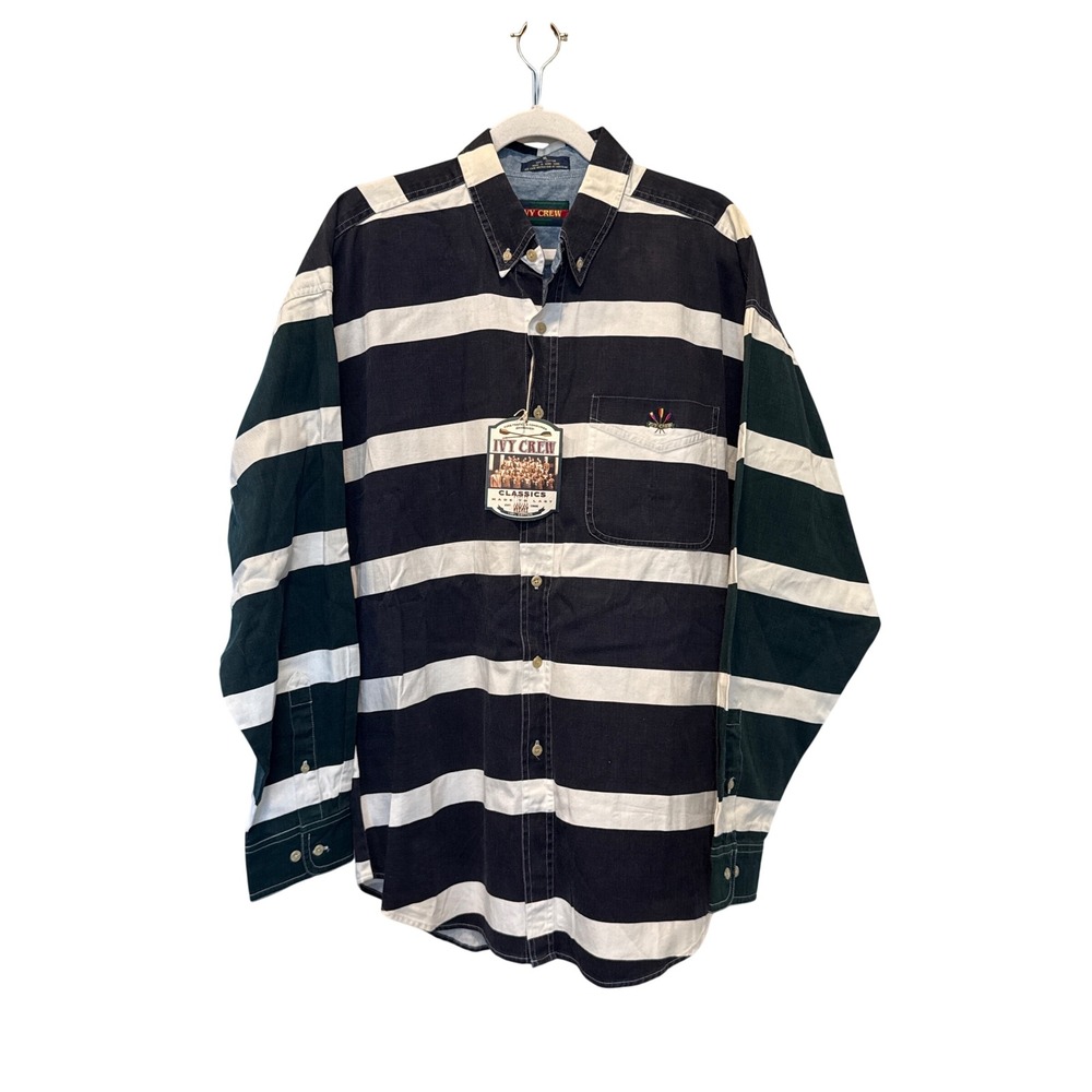 New Ivy Crew Preppy Rugged Cotton‎ Stripe Button Down Shirt XL Navy Green White